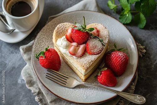 Heart shaped sponge cake with strawberry and cup of coffee