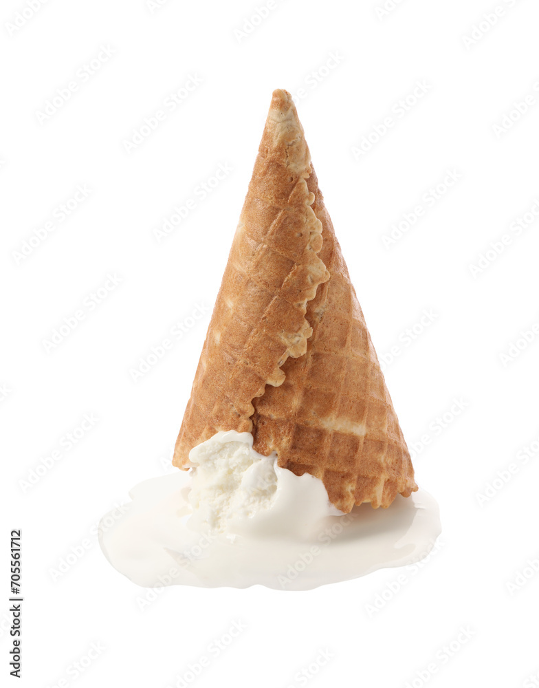 Melting ice cream in wafer cone isolated on white Melting ice cream in wafer cone isolated on white