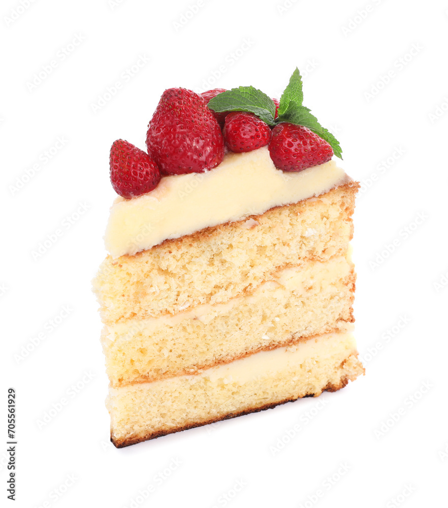 Piece of tasty cake with fresh strawberries and mint isolated on white Piece of tasty cake with fresh strawberries and mint isolated on white