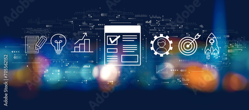 Project management theme with blurred city lights at night
