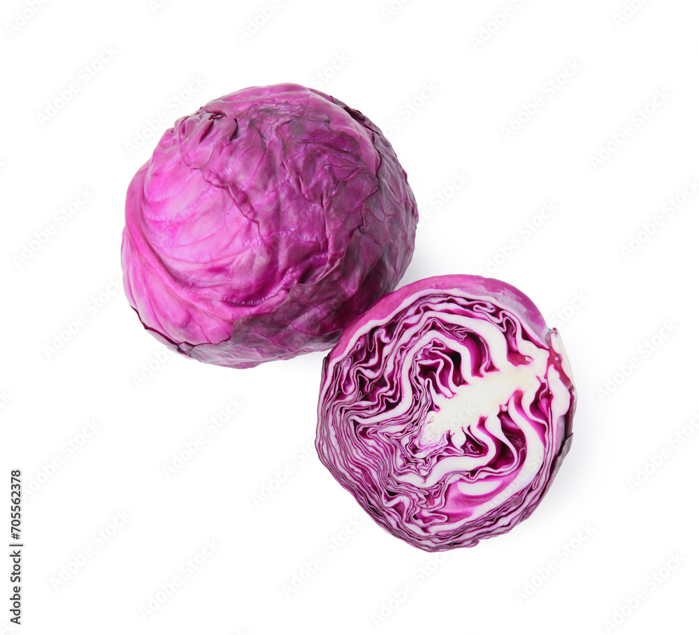 Whole and cut fresh red cabbages isolated on white, top view Whole and cut fresh red cabbages isolated on white, top view
