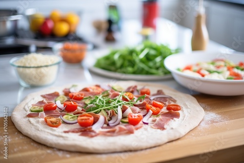 preparation of sourdough pizza base with toppings aside photo