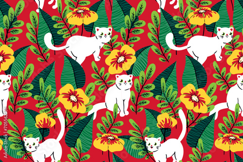 Seamless floral pattern with animals and plants in retro style. Cute botanical print design: pretty hand drawn white cats and kittens, large flowers, leaves on red. Vector wallpaper illustration.