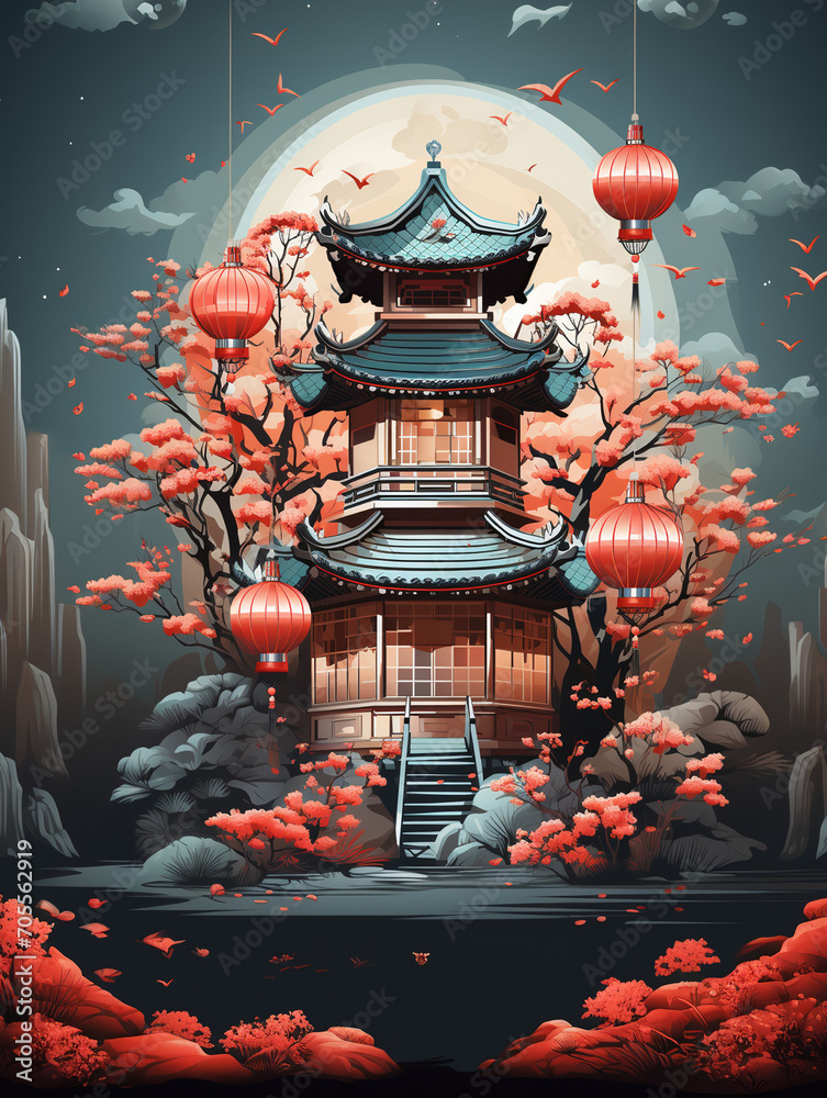 Fototapeta premium Chinese New Year background, greeting poster for celebration, generative ai