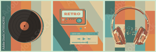 Set of modern creative clip art with retro devices, record player, vinyl, headset, headphones, Vintage concept. Flat design, bright and colorful