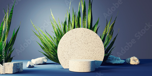 Snake plant with white stone podium - 3D render