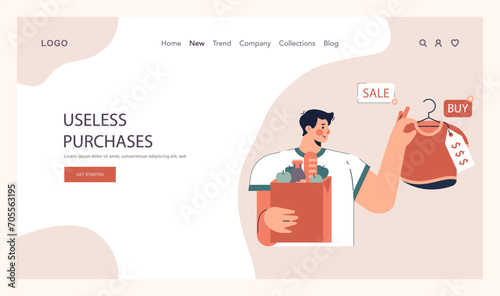 Impulsive buying web banner or landing page. Shopaholic money problems. Consumer doing useless purchases without thoughtful consideration or planning. Spontaneous buying. Flat vector illustration photo