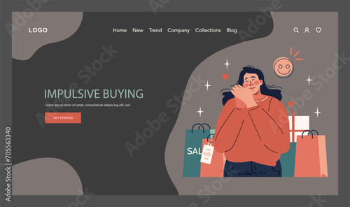 Impulsive buying web banner or landing page dark or night mode. Shopaholic money problems. Consumer doing useless purchases. Spontaneous buying. Flat vector illustration photo