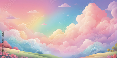 Dreamy rainbow skies over a lush green landscape.