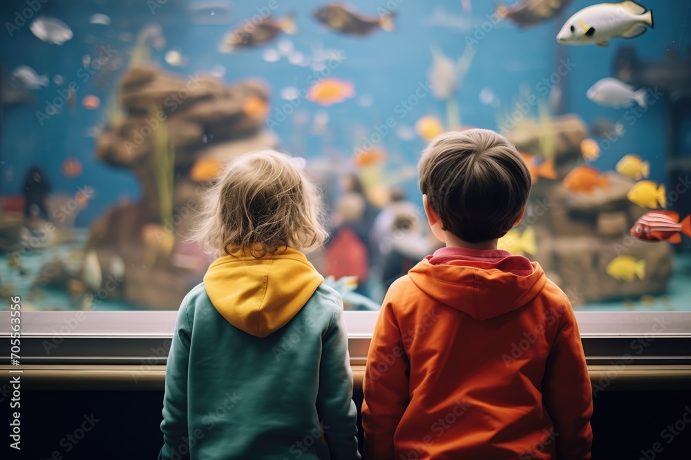 Fototapeta premium children watching fish at an aquarium
