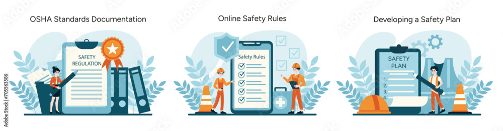 OSHA compliance set. Showcasing standard documentation, enforcing online safety rules, and crafting comprehensive safety plans. Essential for workplace regulation adherence. Flat vector illustration