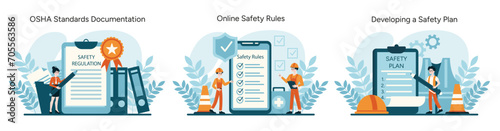 OSHA compliance set. Showcasing standard documentation, enforcing online safety rules, and crafting comprehensive safety plans. Essential for workplace regulation adherence. Flat vector illustration