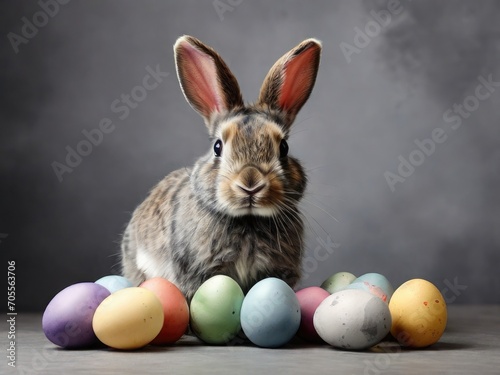 A drawn bunny with colorful Easter eggs looks at the camera on a blue background. Holiday traditions concept © Tatyana