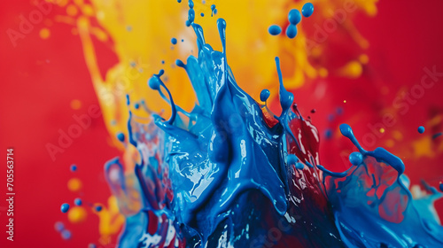 Blue, Red, And Yellow Paint Dance Together In Mesmerizing Rhythm In Slow Motion. Copy paste area for texture
