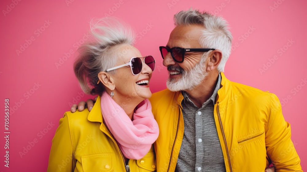 Obraz premium An elderly couple dressed in crazy colours is happy, having fun and laughing.