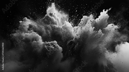 Close-up Dust And Ash Explosion In Slow Motion On Black Background. Copy paste area for texture photo
