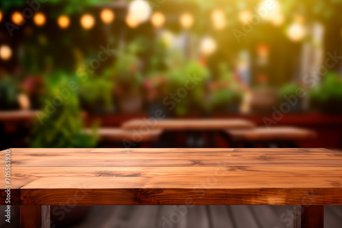 product display empty wooden table in front of abstract blurred light background for product display in a coffee shop, local market or bar