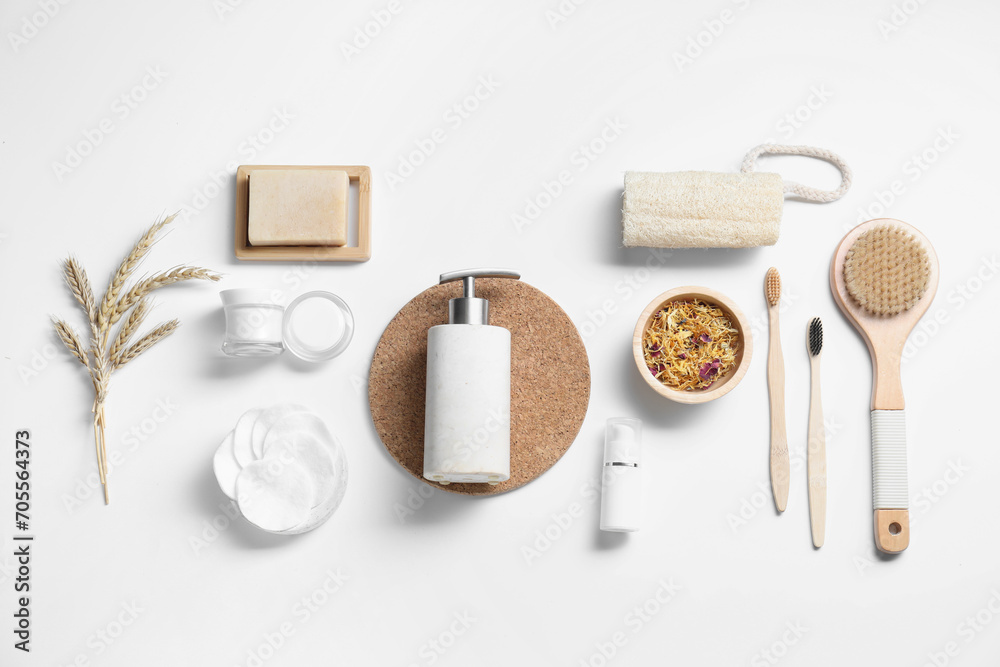 Naklejka premium Bath accessories. Flat lay composition with personal care products on white background
