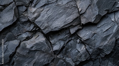 Textured black stone background created by a dark grey, rugged mountain surface with prominent cracks. Designers have plenty of space for creativity.  © Matthew