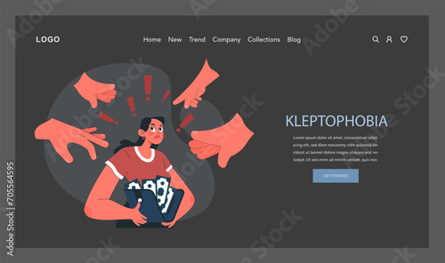 Kleptophobia web banner or landing page dark or night mode. Human's irrational inner fears and panic. Mental disorder, feeling of threat and danger. Flat vector illustration