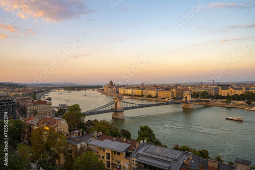 September Sunset on the Danube river in Budapest from the citadel. view of the Elisabeth Bridge