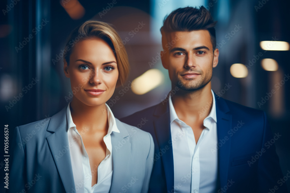 Successful young business people posing together in office. portrait of business man and woman