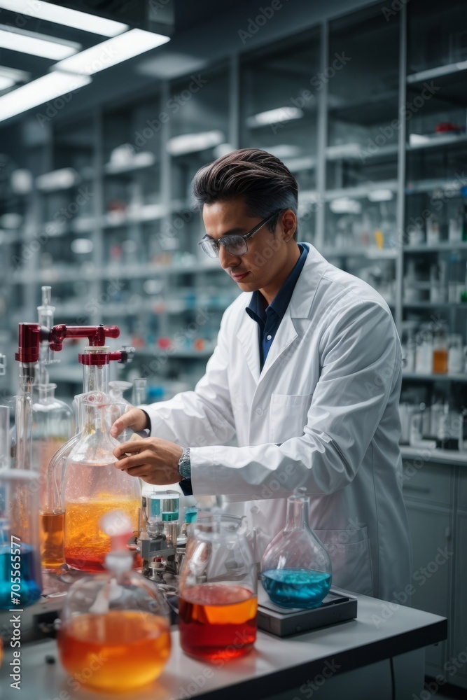 A male scientist conducts an experiment, research with various chemicals in flasks in a modern high-tech research laboratory. Microbiology, biotechnology, biochemistry concepts. A male scientist conducts an experiment, research with various chemicals in flasks in a modern high-tech research laboratory. Microbiology, biotechnology, biochemistry concepts.