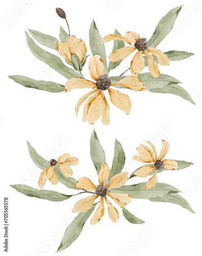 Watercolor yellow spring wildflowers bouquet. Botanical illustration.