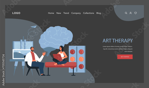 Psychotherapy web banner or landing page dark or night mode. Psychiatrist consulting a patient on mental health disorders. Thoughts and emotions analysis. Art therapy. Flat vector illustration