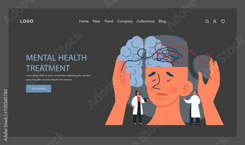 Psychotherapy web banner or landing page dark or night mode. Psychiatrist consulting patient on mental health disorders. Thoughts and emotions analysis. Flat vector illustration