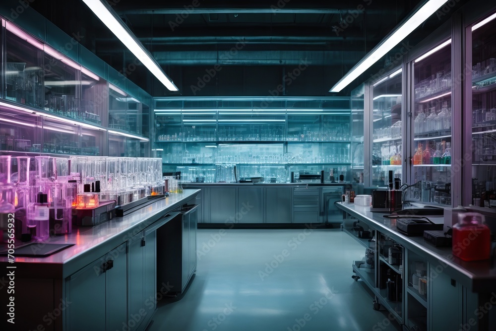 Fototapeta premium There is a large high-tech research laboratory with glass flasks, instruments, microscopes.