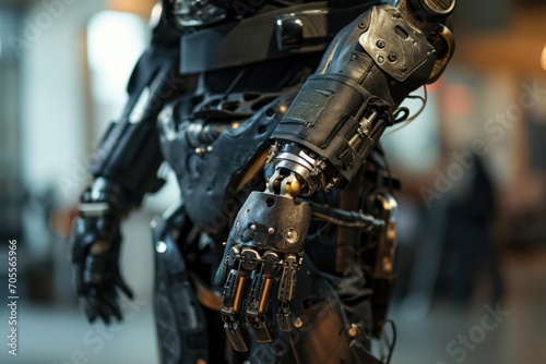 Humanoid robot, close-up of arms, pelvis and body, background blurred, natural light