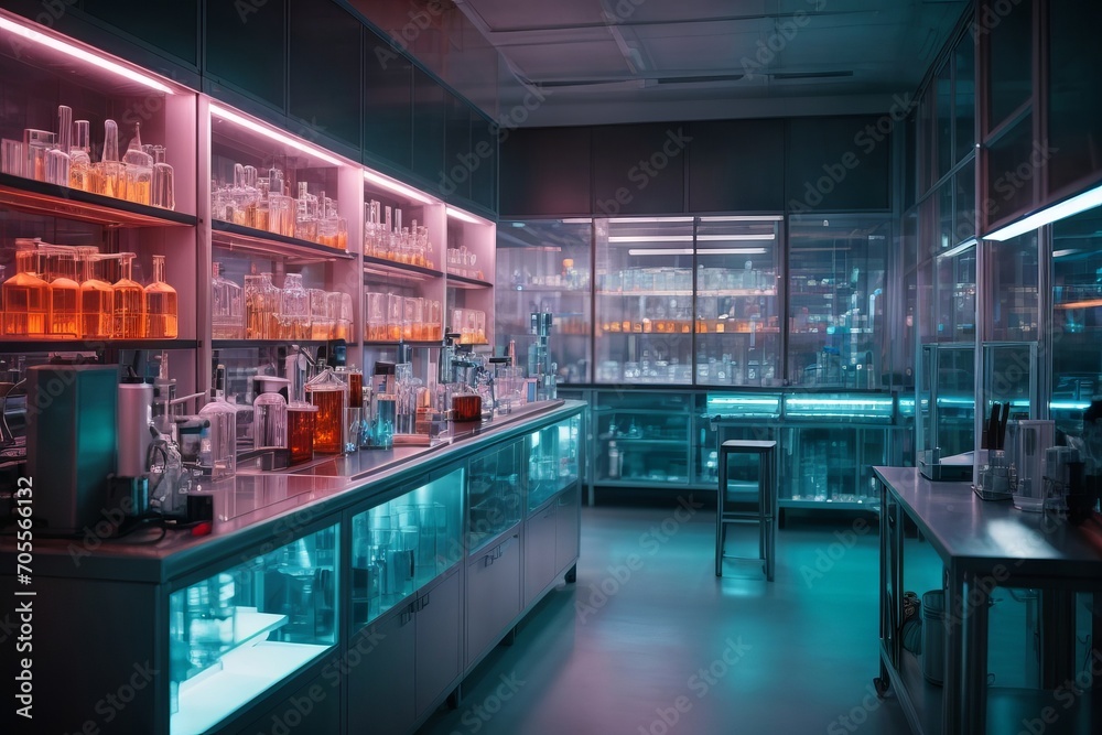 There is a large high-tech research laboratory with glass flasks, instruments, microscopes. Science, medicine, microbiology, biotechnology, biochemistry concepts.