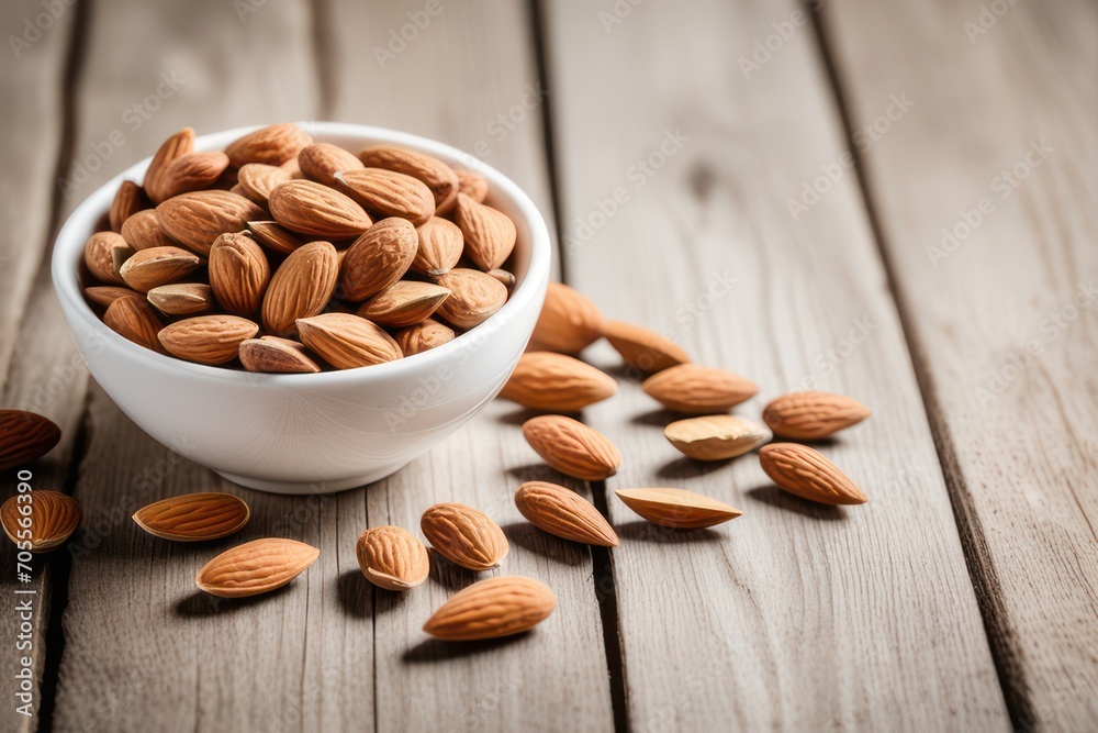 Almonds in ceramic bowl on wooden background. Almonds in ceramic bowl on wooden background.