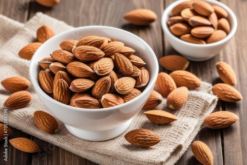Almonds in ceramic bowl on wooden background.