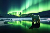 White bear stand on a glacier with Northern Lights, Aurora Borealis. Polar night with stars and dark sky. Wildlife scene from nature. Change climate or global warming concept