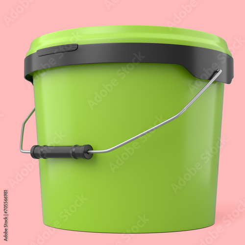 Closed plastic can or buckets of paint with handle on pink background.