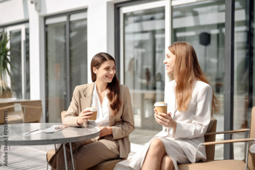 Office workers are taking a break, sitting around and chatting and drinking coffee together Office workers are taking a break, sitting around and chatting and drinking coffee together