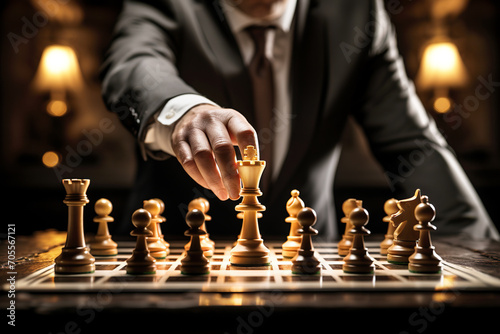 Mano de hombre de negocios moviendo una figura en un tablero de ajedrez. Concepto de estrategia empresarial, planificación y liderazgo. Trabajo en equipo. photo