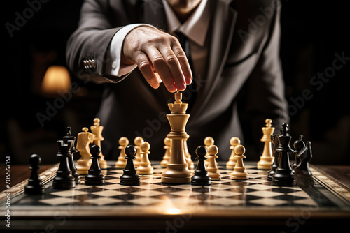 Mano de hombre de negocios moviendo una figura en un tablero de ajedrez. Concepto de estrategia empresarial, planificación y liderazgo. Trabajo en equipo.
