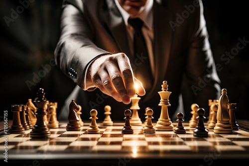 Mano de hombre de negocios moviendo una figura en un tablero de ajedrez. Concepto de estrategia empresarial, planificación y liderazgo. Trabajo en equipo. 