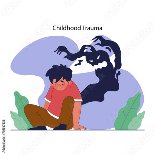 Childhood psychological trauma. Emotional impact of traumatic events on kid mental health. Psychological disorder caused by physical and emotional abuse. Vector flat illustration photo