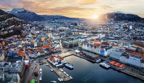 Beautiful panoramic aerial winter sunrise view of the cityscape of Bergen  Norway  Scandinavia