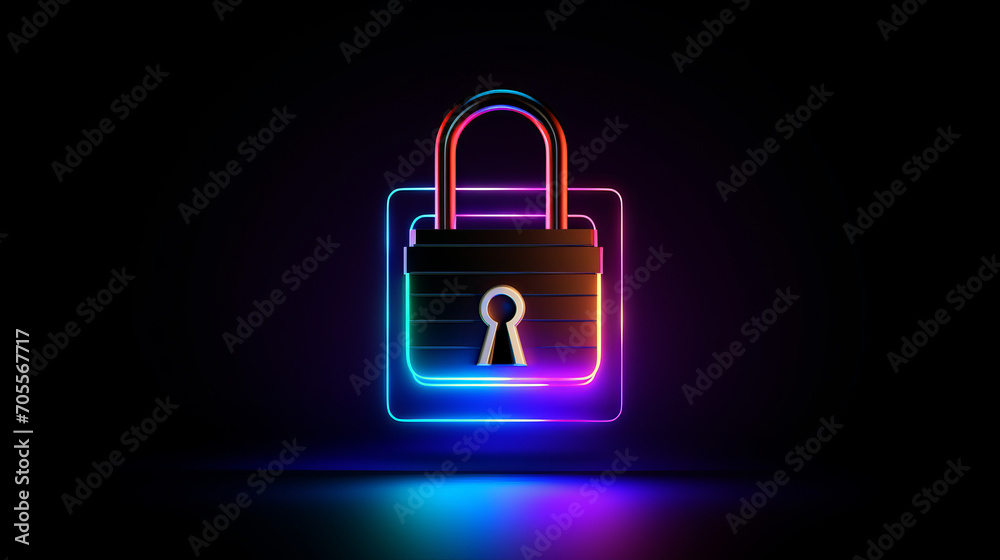 Neon glowing padlock on black backdrop emits aura of digital security, symbolizes essence of securing digital information and online data, personal data protection in digital realm concept Neon glowing padlock on black backdrop emits aura of digital security, symbolizes essence of securing digital information and online data, personal data protection in digital realm concept