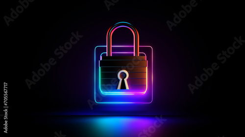 Neon glowing padlock on black backdrop emits aura of digital security, symbolizes essence of securing digital information and online data, personal data protection in digital realm concept