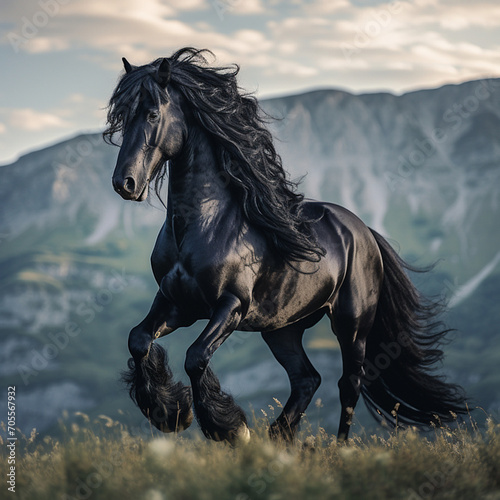 beautiful friesian horse develops its mane in the mountains in the morning at dawn