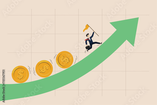 Investment profit and earning, stock market growth, businessman investor, fund manager holding flag lead money coins running up rising graph.
