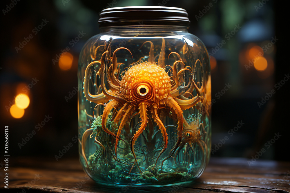 the jar contains a small creature. When the jar is opened, colored creatures appear the jar contains a small creature. When the jar is opened, colored creatures appear