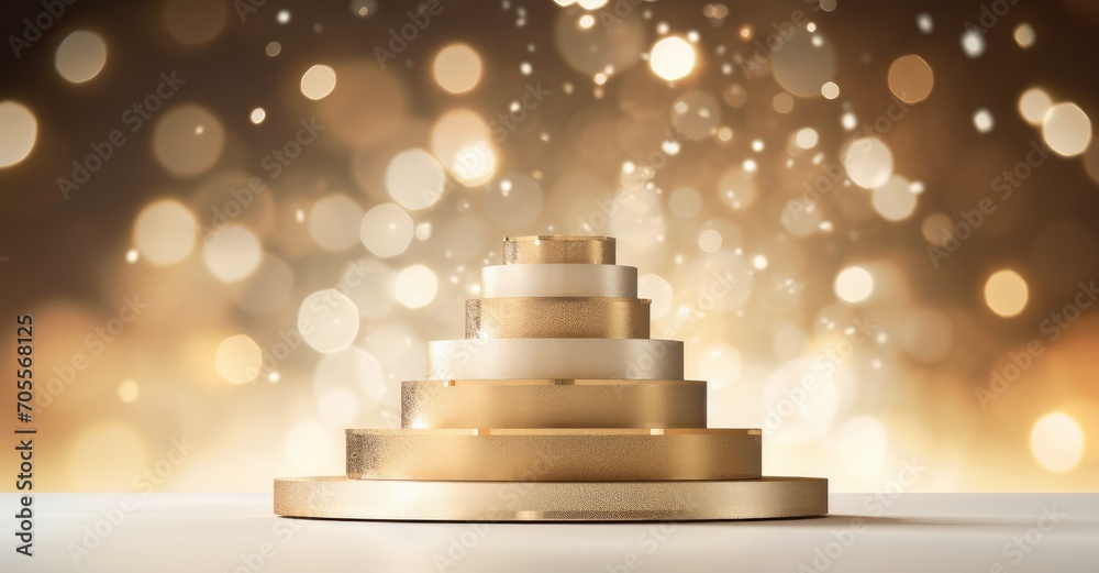 Fototapeta premium Elegant golden podium with sparkling bokeh lights, suitable for product display or awards.