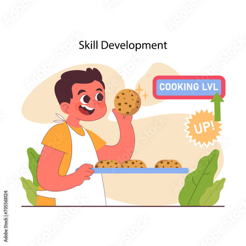 Child doing household chores. Formation of your child's responsibility. Little kid doing household chores, helping parents with cooking. Positive parenting tips. Flat vector illustration